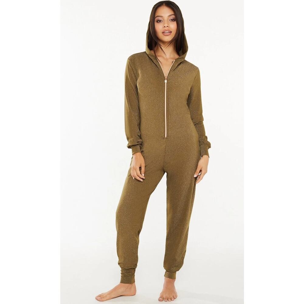 Savage Fenty Olive Metallic Hooded Jumpsuit Women’s Lounge One Piece EUC Small